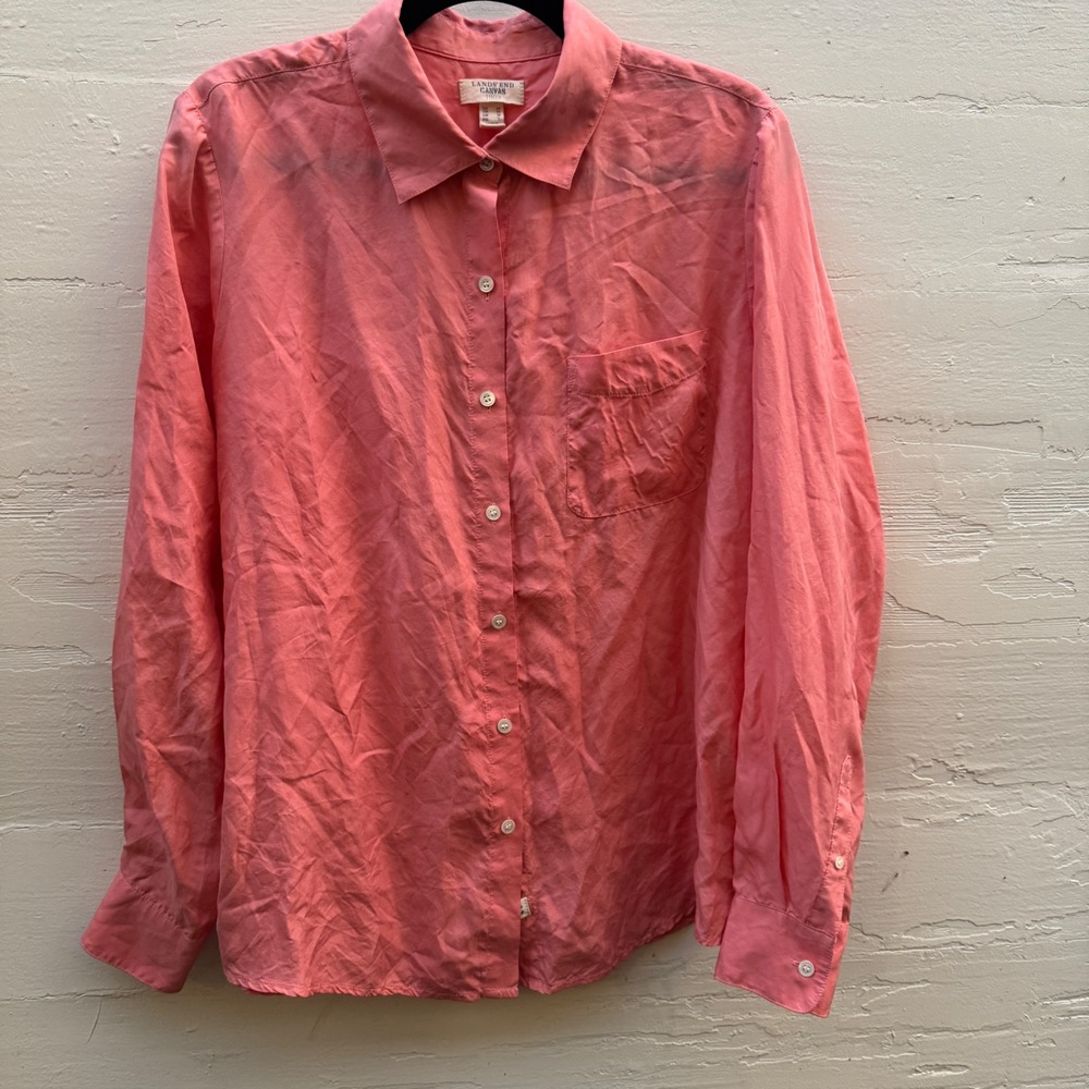Lands End Canvas Silk Button Down Shirt M Pink Long Sleeve 100% Silk Pocket Top